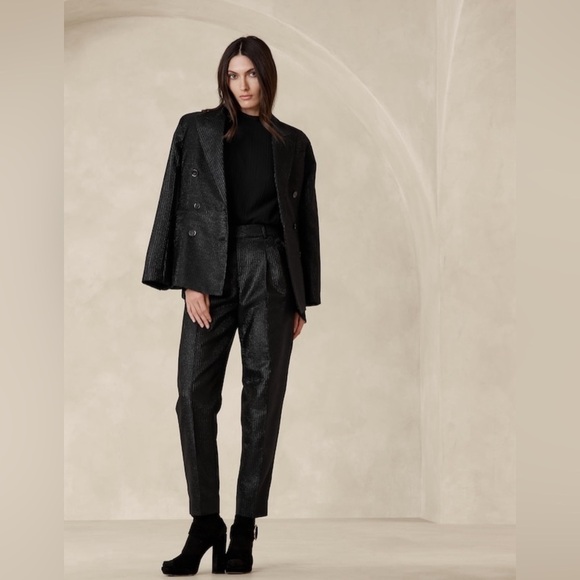 NWT! Banana Republic Black Stripe Luci Slim Lurex Pinstripe Pant - Picture 3 of 5